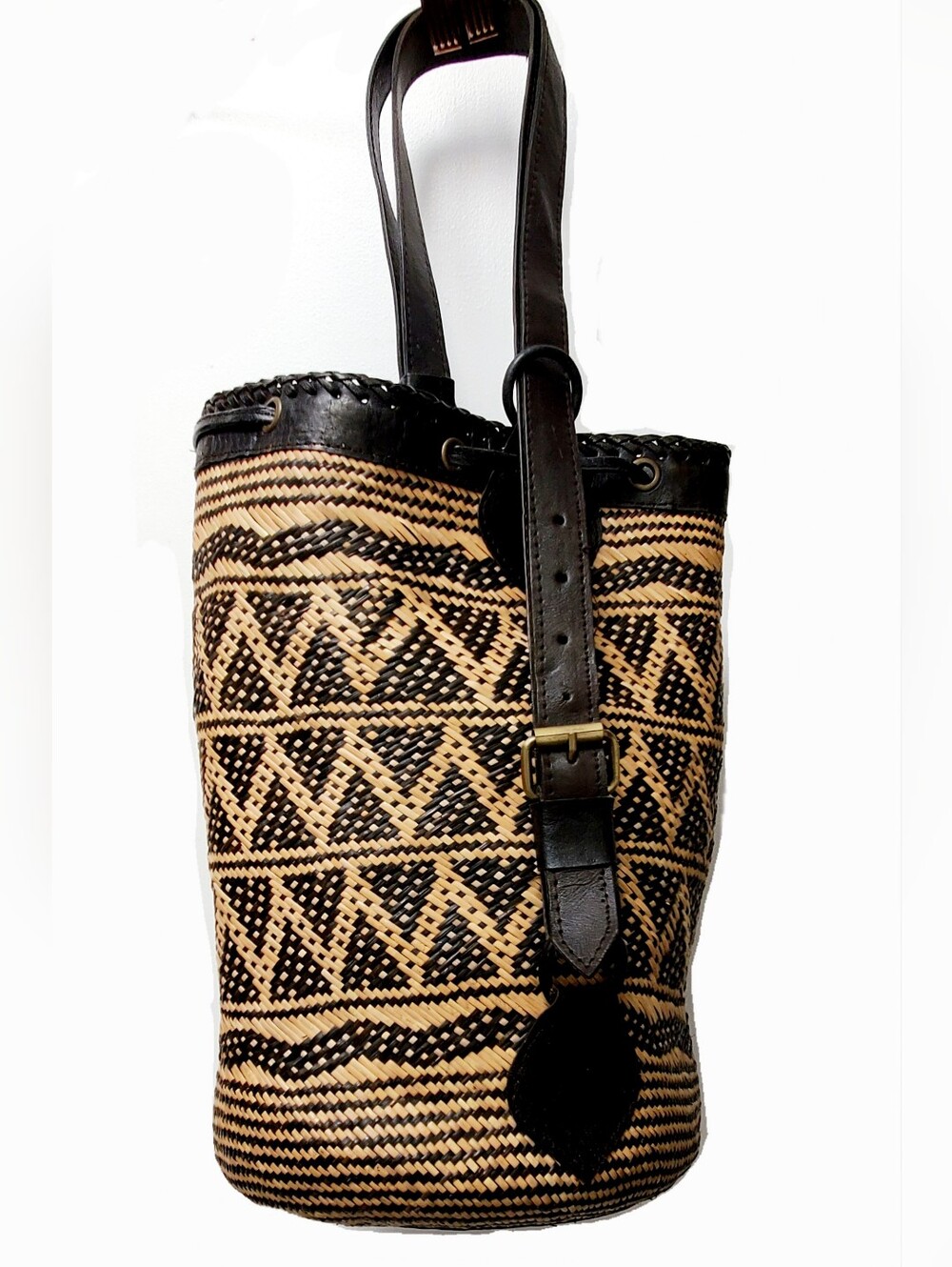 Vintage Tribal Ethnic Handwoven Rattan Bucket Bag Backpack Storage Decor
